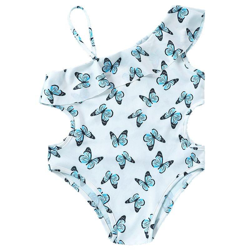 Girls' One-Shoulder Butterfly Print Lace Swimsuit - Cartoon Bikini One-Piece Summer Beachwear