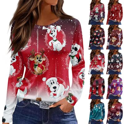 Women's Fashion Casual Slit Hem Round Neck Long Sleeve Loose Christmas Printed T-Shirt Ladies Top