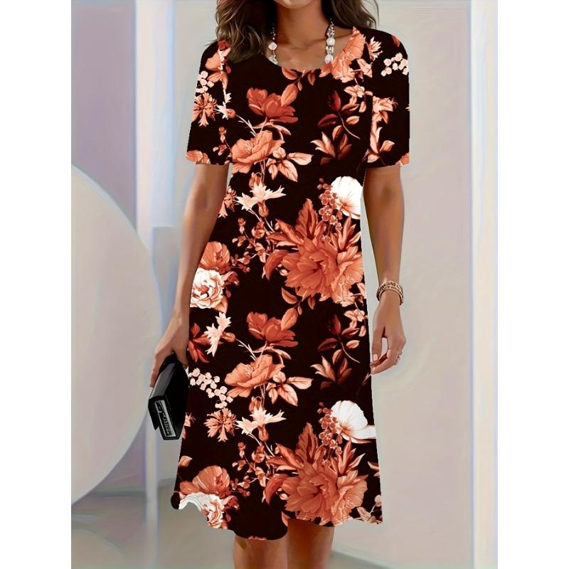 Plus Size, Plus Size Floral Digital Print Vacation Women's Round Neck Dress