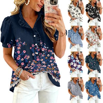 Dames Casual Ruche V-hals Top met Print – Blouse met Korte Mouwen voor Dagelijks Gebruik, Modieuze Zomer Tuniek