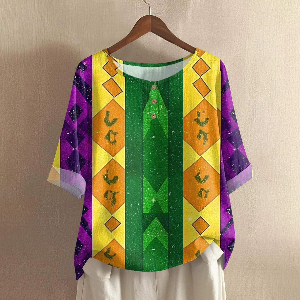 Women's Carnival Printed Casual Mid Sleeve Round Neck Cotton And Hemp Top
