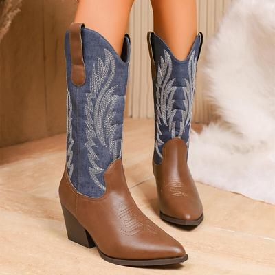 Fashion Vintage Denim Fabric Western Cowboy Boots Women 2025 Winter Sexy Pointed Toe High Heel Ankle Boots Designer Embroidery Y2K Shoes