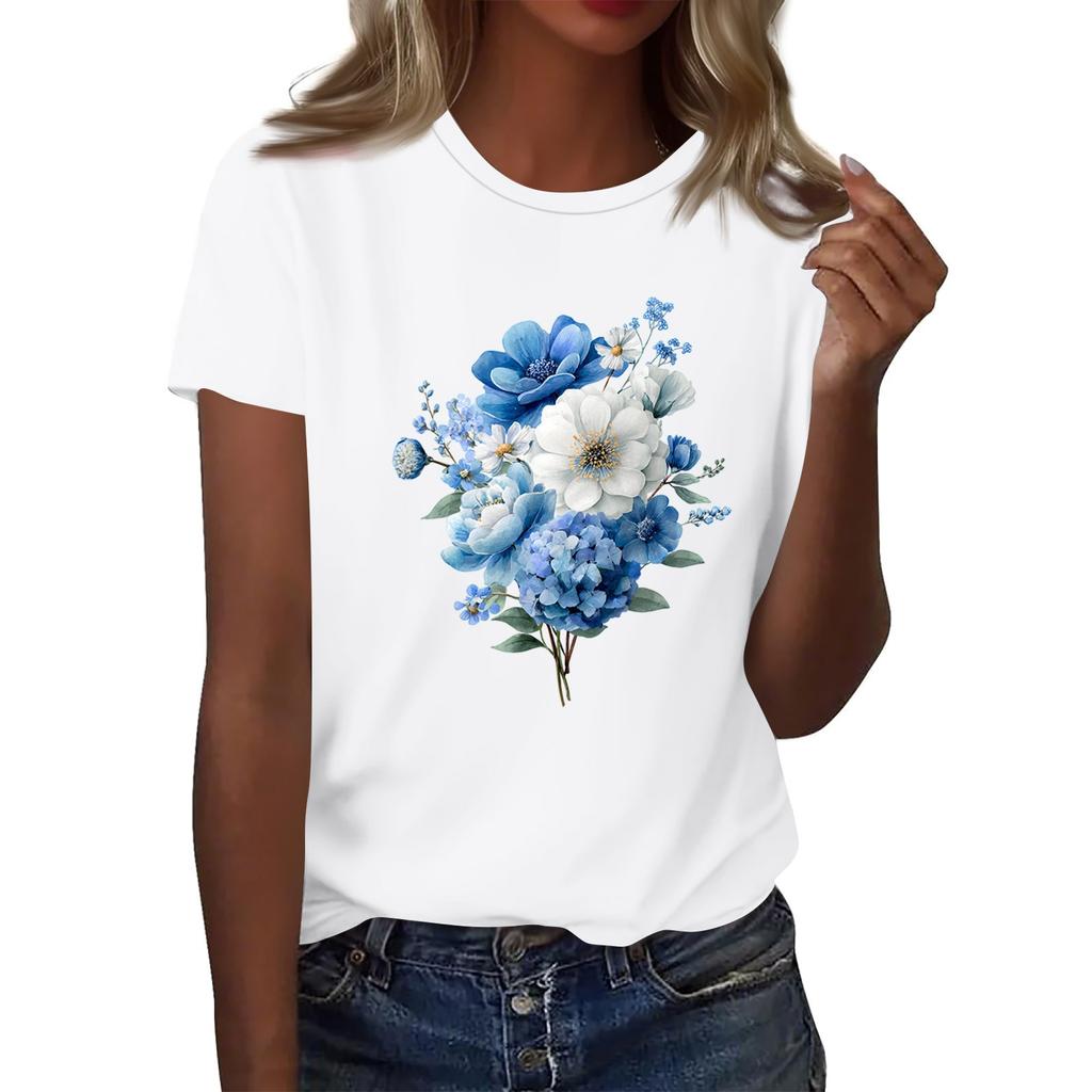 Women's Fashion Casual Printed Round Neck Short Sleeved T-Shirt Top T-Shirt Top Top