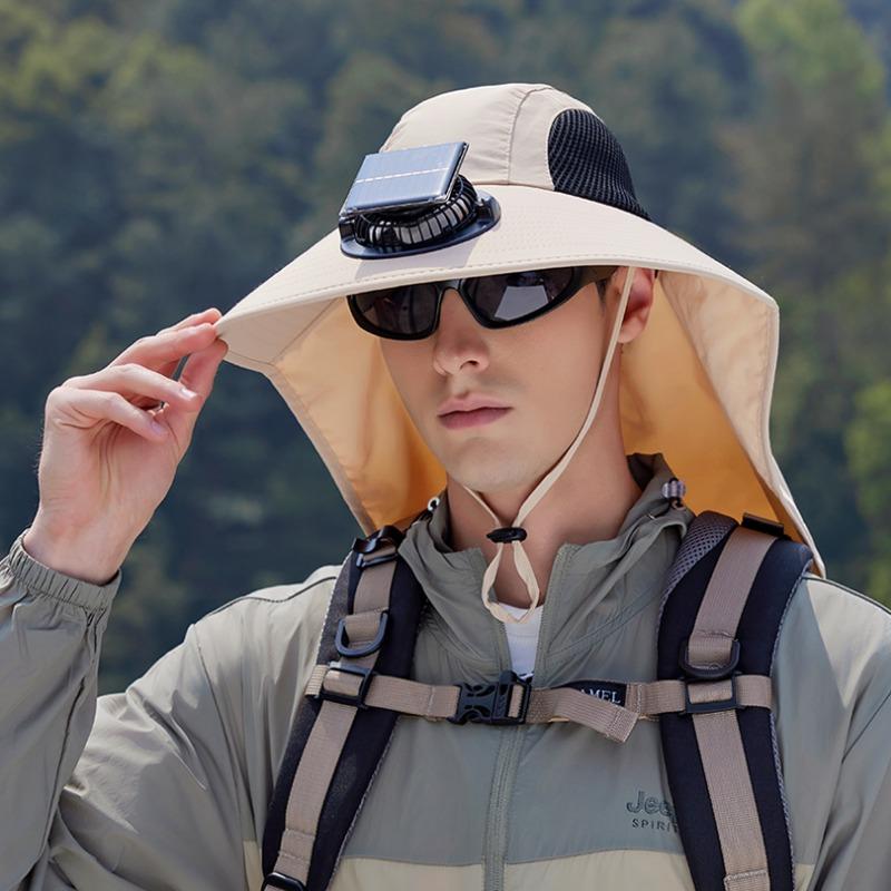 Solar Fan Hat with Neck Cover Wide Brim Sun Hat UV Protection Outdoor Fishing Hat Hiking Travel Hollow Mesh Summer Cooling Breathable Sun Cap