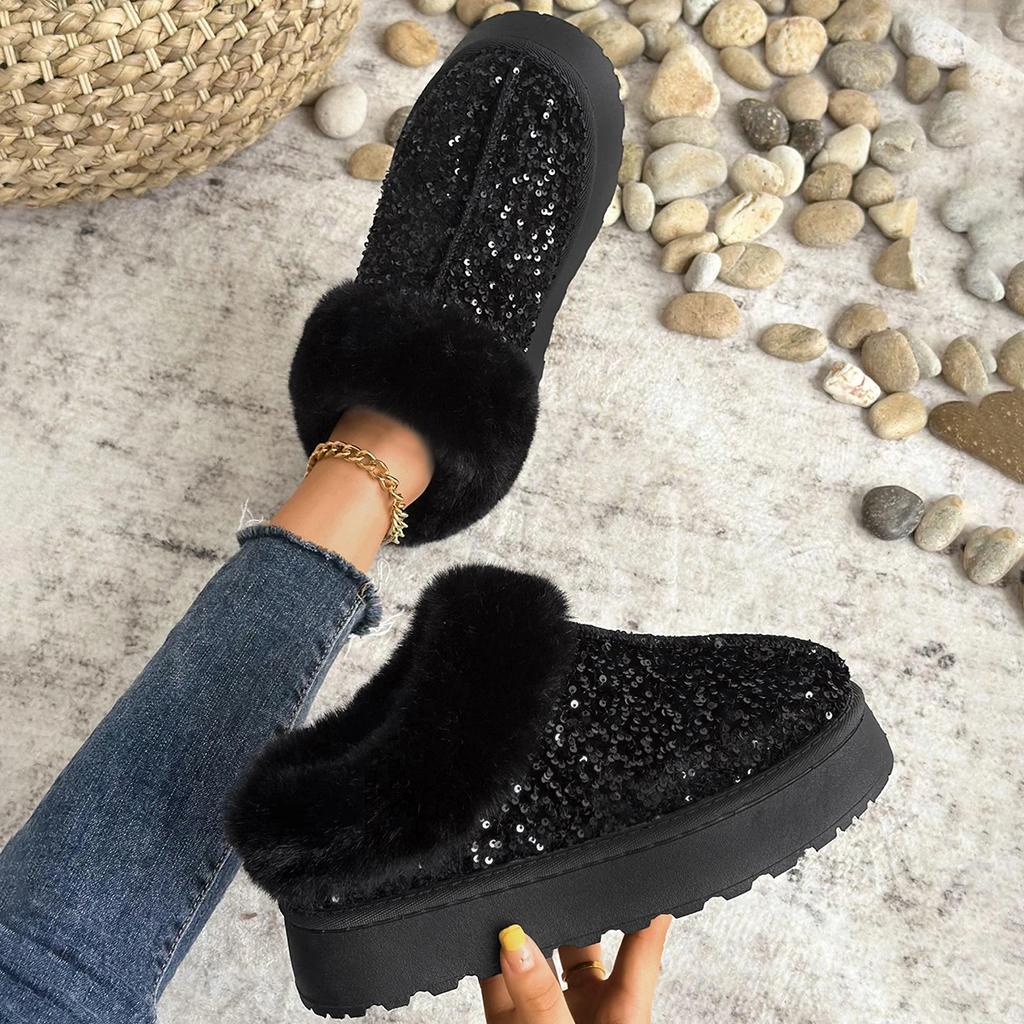Fashion Women Slippers Thick Bottom Thick Plush Snow Boots Autumn Winter New Women Shoes Anti Slip Glitter Cotton Boots Slides Women