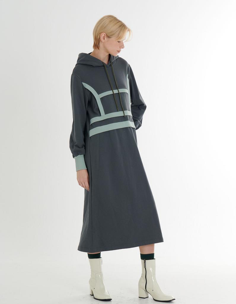 FREAKS BY KIMTAEHOON Cotton Spandex Terry Bag Brushed Fleece Structured Color Block Rib Detail Hooded Midi Dress _Dark Avocado Green