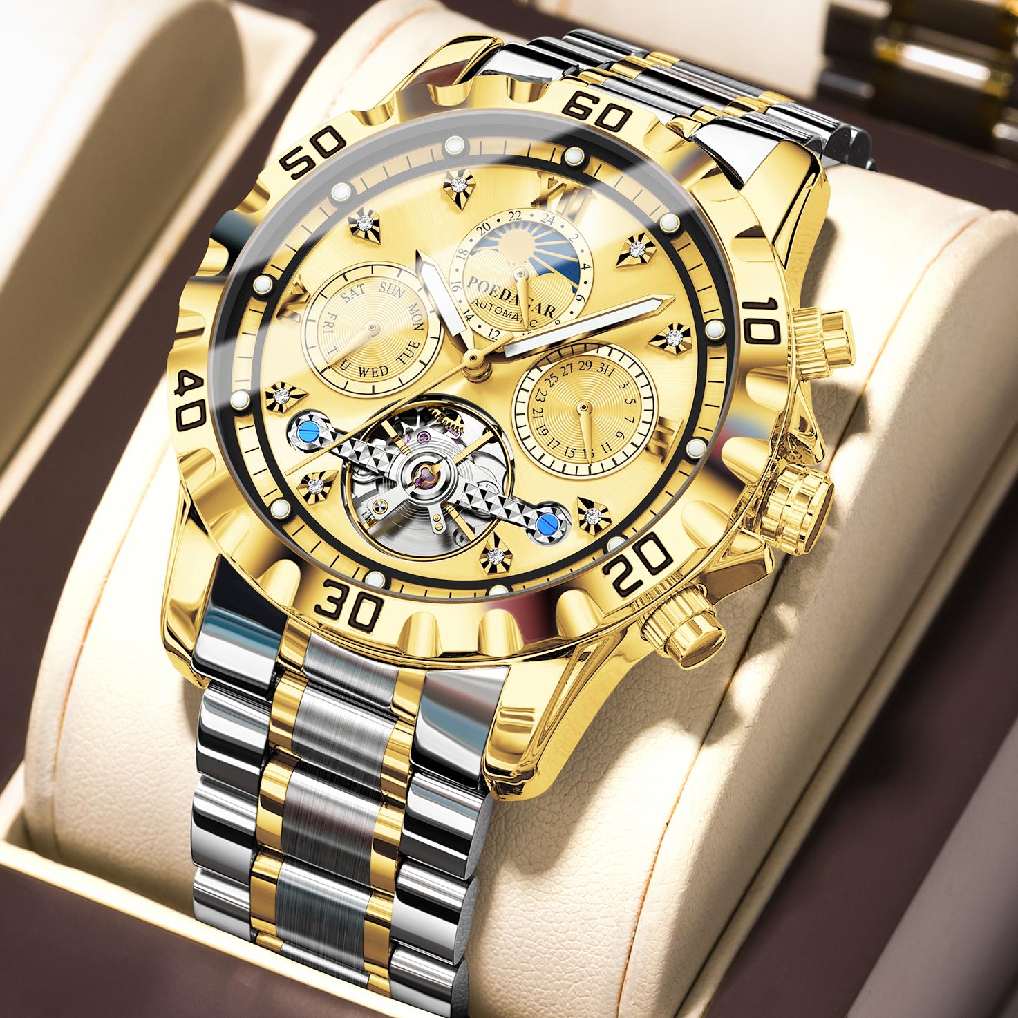

POEDAGAR Fashion Luxury Men Wristwatch Mechanical Waterproof Man Watch Hollow Tourbillon Automatic Stainless Steel Watches золотий