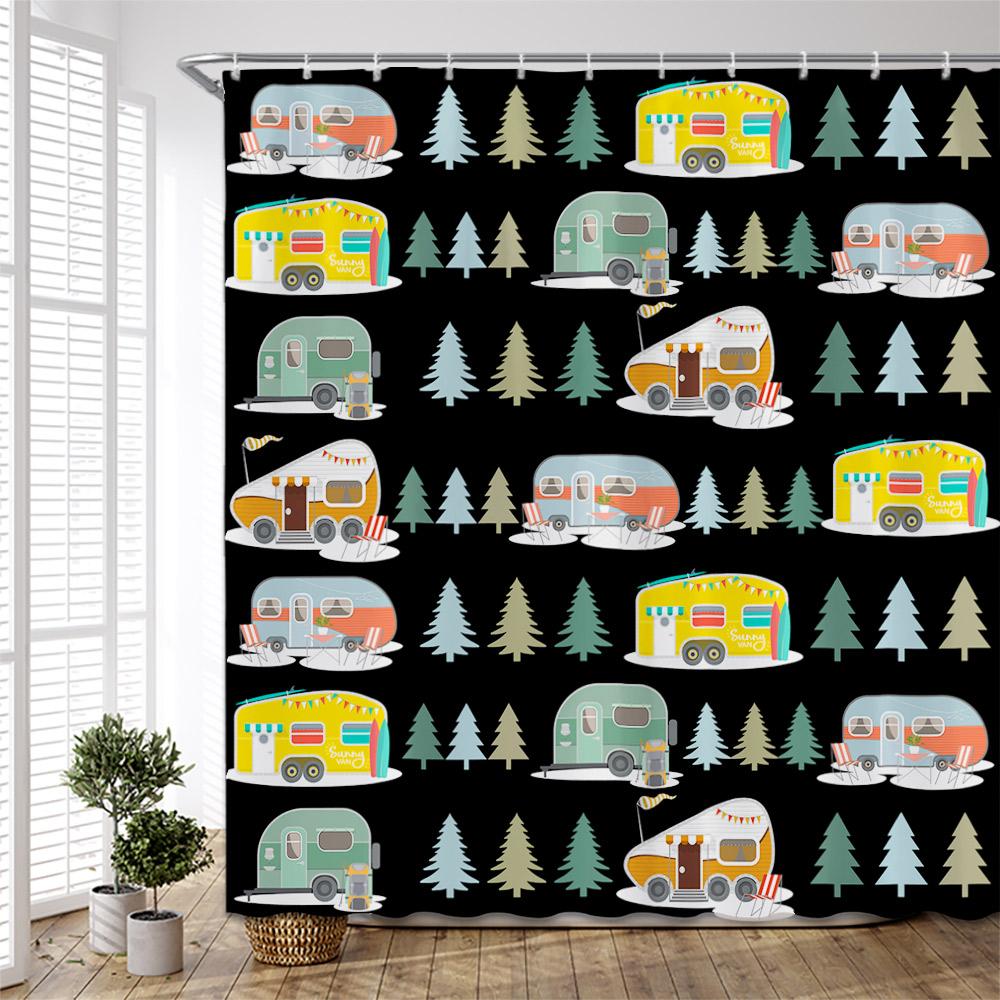 

Forest Camping Poster Shower Curtain Camper Car Woods Bathroom Bath Decors Outdoor Landscape Backdrop Cloth 3D Room Curtains Set W90xH180cm(35x70 in)