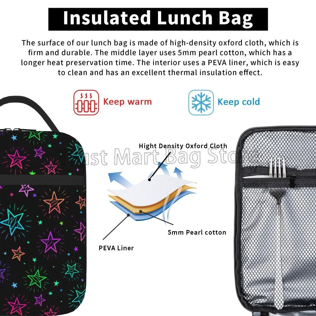 Colorful Neon Rainbow Bright Stars Insulated Lunch Bag Portable Reusable Waterproof Lunch Box Thermal Cooler Tote for Boys Girls