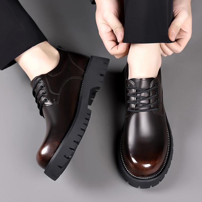 Spring Men New Retro Casual Big Head Leather Shoes Polished Color Leather Shoes High Quality Men Thick Sole Lacing Leather Shoes