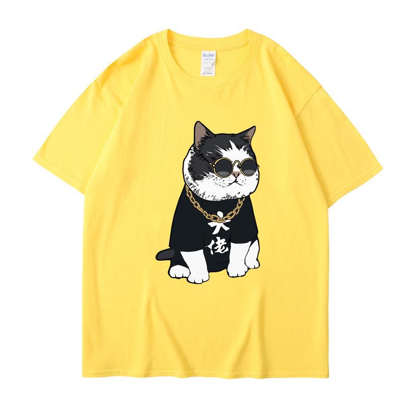 Summer Round Neck Cartoon Cute Big Boss Cat Printed Top Fashionable Casual Pure Cotton Short Sleeved Men's and Women's Unisex T-shirts