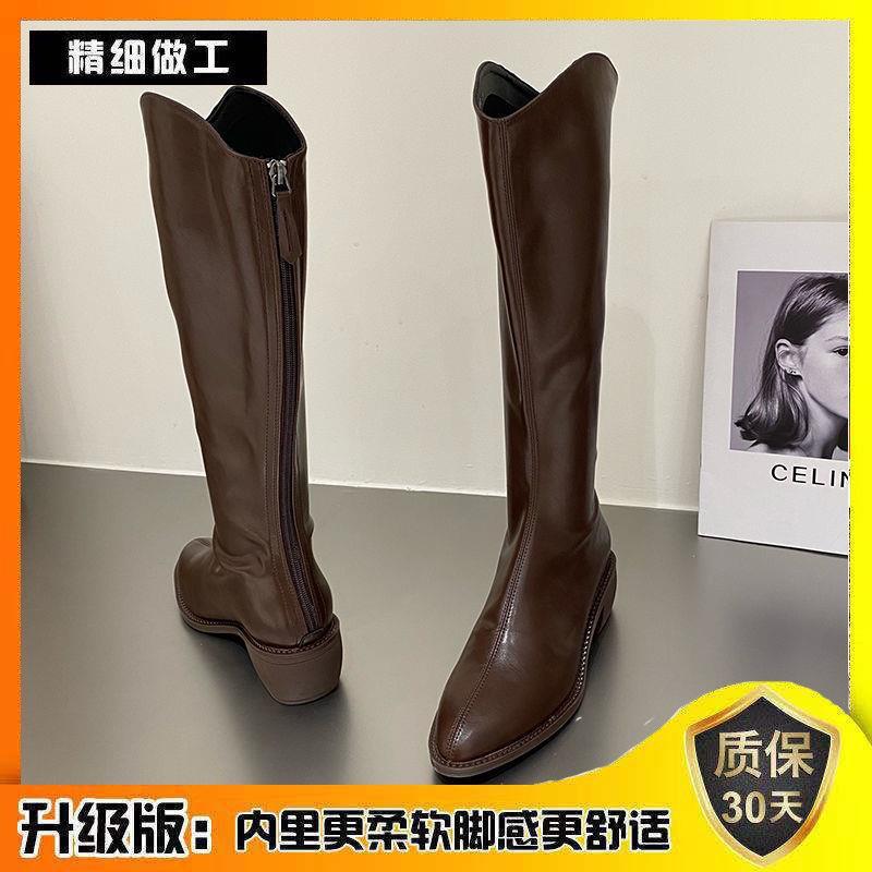 Short Boots Coarse Heel Autumn Beige Tall Western Skinny Boots Cowboy Single Boots Pointed Middle Heel Women s Boots 40 2870₽