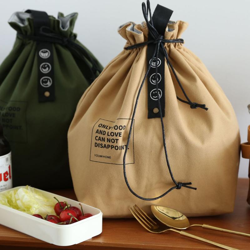 Bento Lunch Bag Wide Mouth Canvas Drawstring Food Carrier For School Picnic Camping Kitchen Essentials Thermal Storage Bag