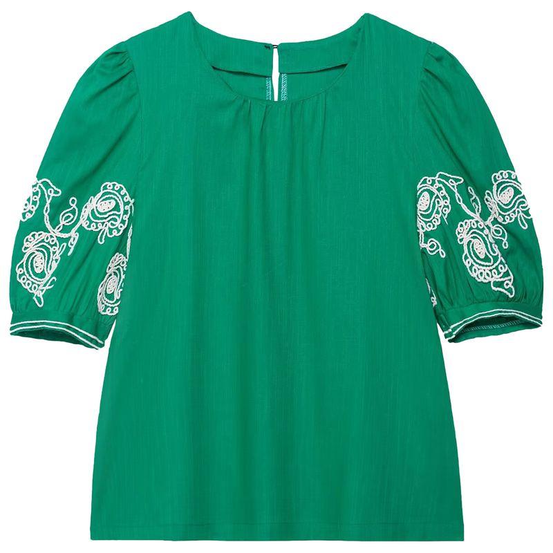 

Zaprha 2025 Summer New Western Style Linen Blend round Neck Puffy Short sleeve Embroidery Top 2731105 Green L