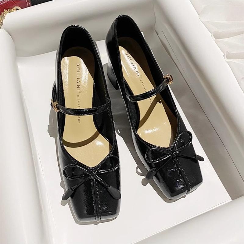 Fashion NEW Temperament Sweet Bow Square Head Shoes Women's Pumps Autumn Sheepskin Shallow Mouth Thick Heel Shoes Fashion Comfort Casual