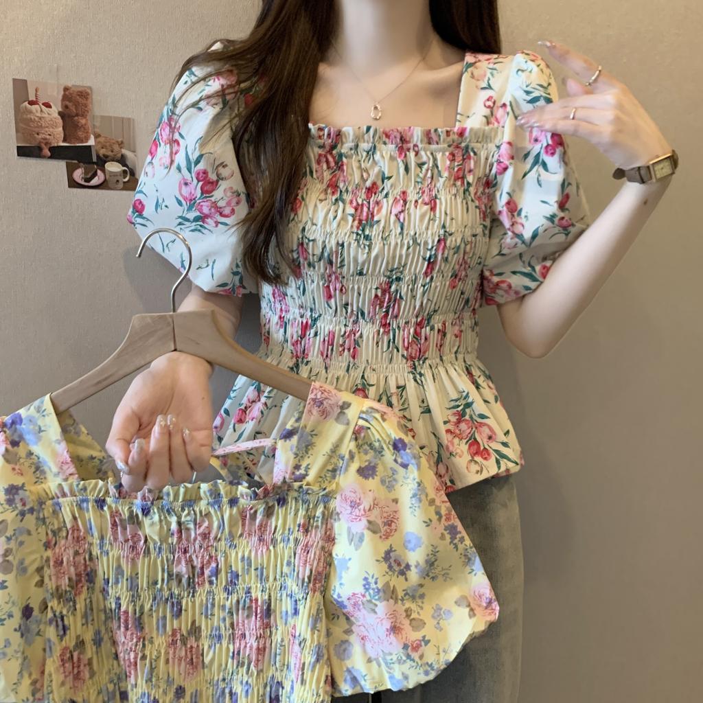Princess short Spice girl square collar tea break floral new flared sleeve thin casual French casual short-sleeved top