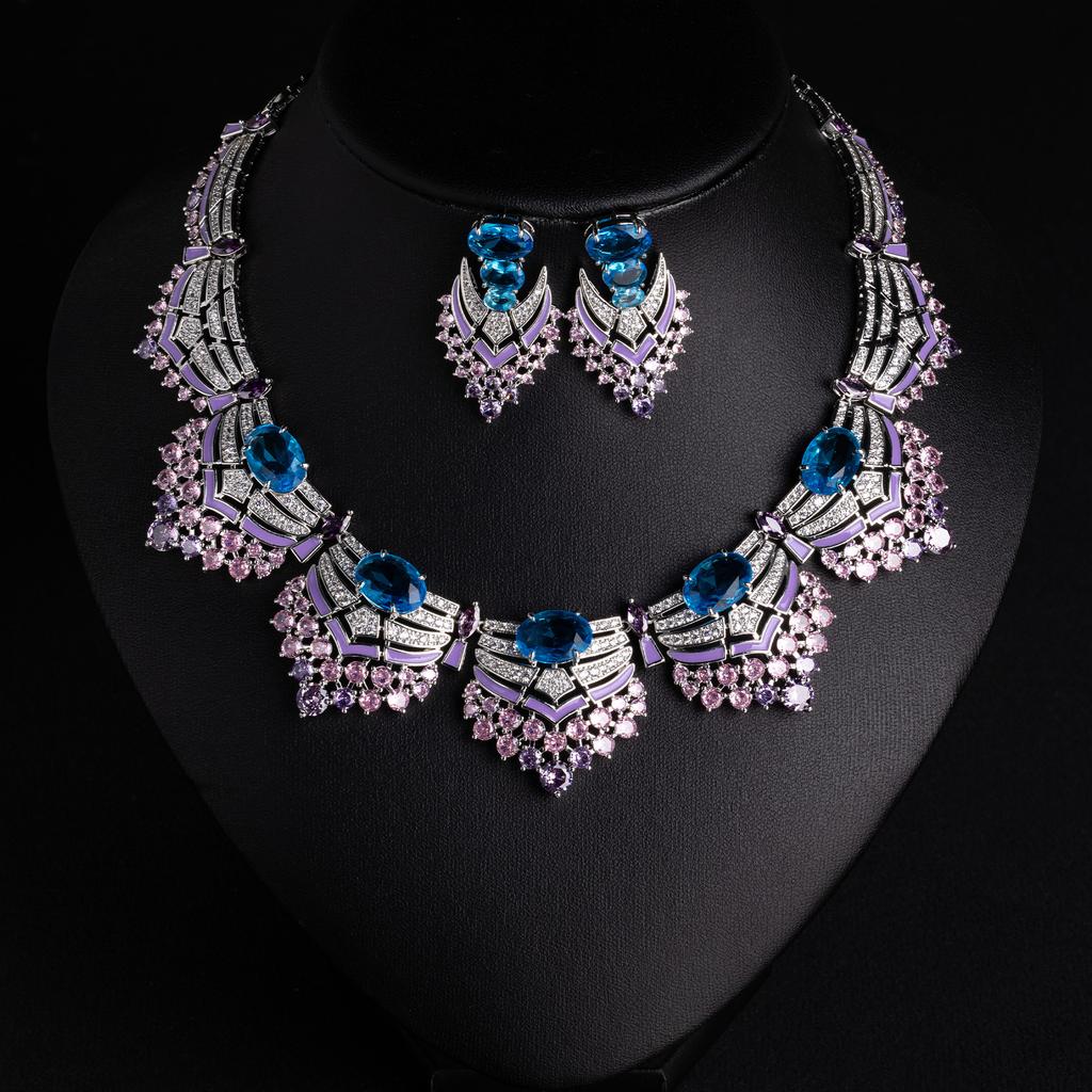 SLBRIDAL Sparkling Colorful Crystal Cubic Zircon Bridal Jewelry Set Wedding CZ Necklace Earring Women Banquet Dress Jewelry