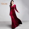 Women Evening Dress Golden Velvet V Neck Pleated A-line Pure Color Long Sleeves Full Length Dress High Waist Prom Party Maxi Dress