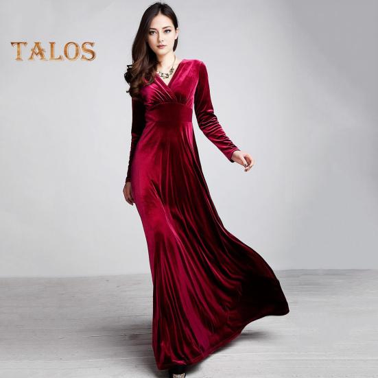 Abendkleid für Damen, goldener Samt, V-Ausschnitt, plissiert, A-Linie, reine Farbe, lange Ärmel, langes Kleid, hohe Taille, Abschlussball, Party, Maxikleid