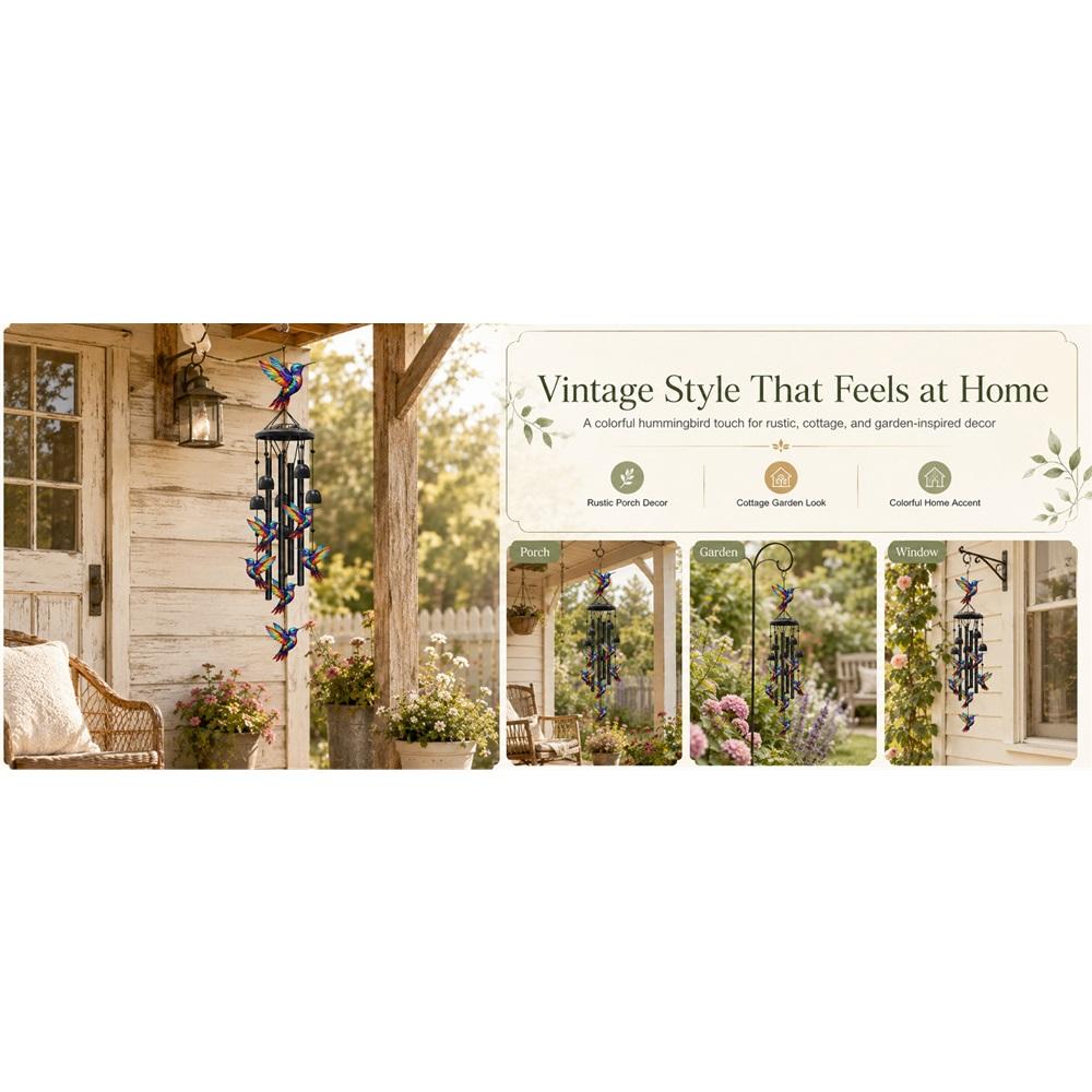 Carillon éolien Colibri Coloré Vintage avec Tubes Métalliques et Clochettes, Ton Doux Décor Extérieur de Jardin pour Cour, (Colibri)