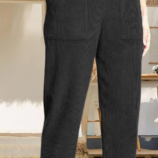 Women Pants Elastic Mid-rise Casual Wide Leg Trousers with Pockets Solid Color Loose Fit Lounge Pants Daily Wear