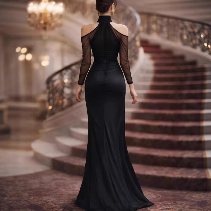 Women Sexy Halter Off Shoulder Long Sleeve Mermaid Long Evening Party Dress