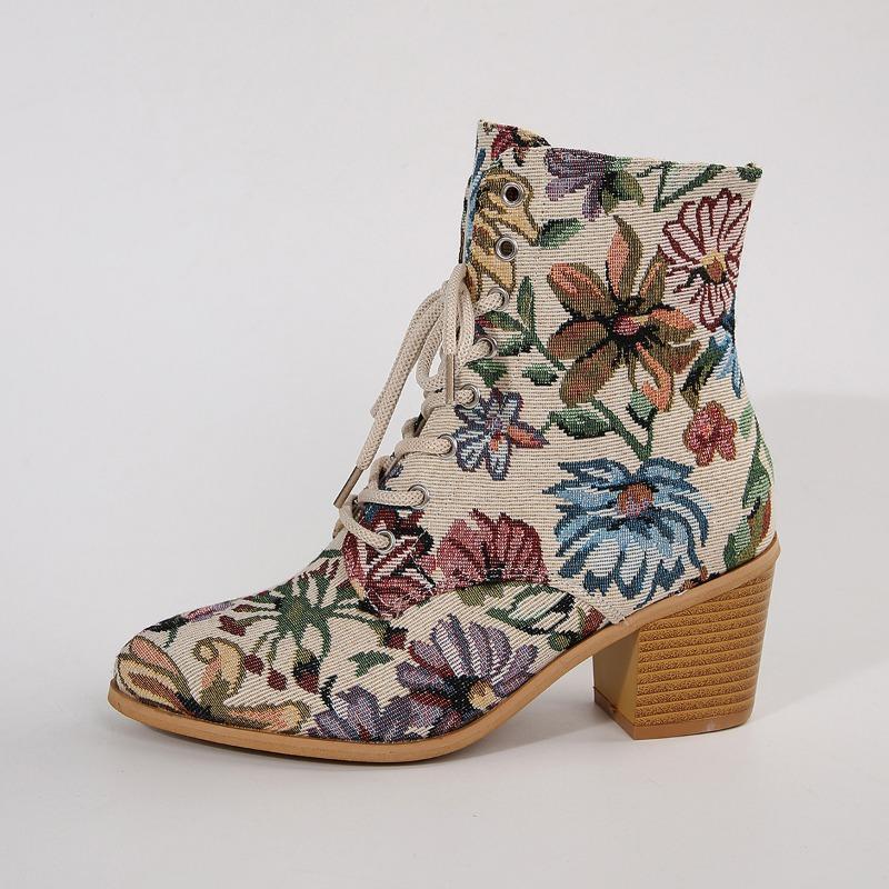 Lace-up high-heeled single boots for women, autumn and winter new large-size pointed-head embroidered thick-heeled Martin boots for women