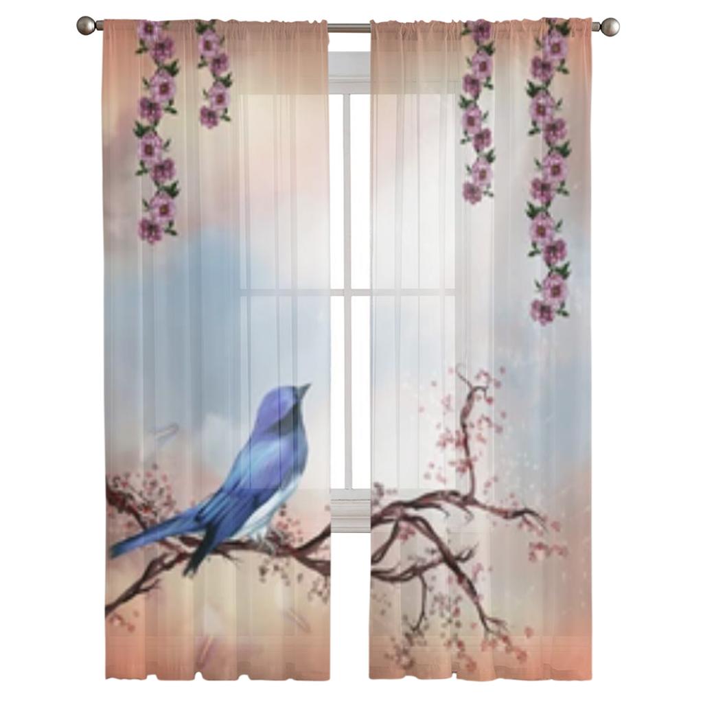 Pasăre albastră pe o ramură înflorată draperii din șifon transparent pentru sufragerie, dormitor, fereastră, perdele din tul draperii
