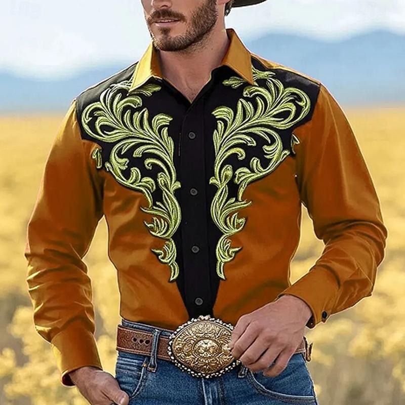 

Рубашка в западном ретро-стиле с длинным рукавом, с мягким принтом, тянущимся в четырех направлениях, не мнущаяся, повседневная мужская рубашка 3XL оранжевый