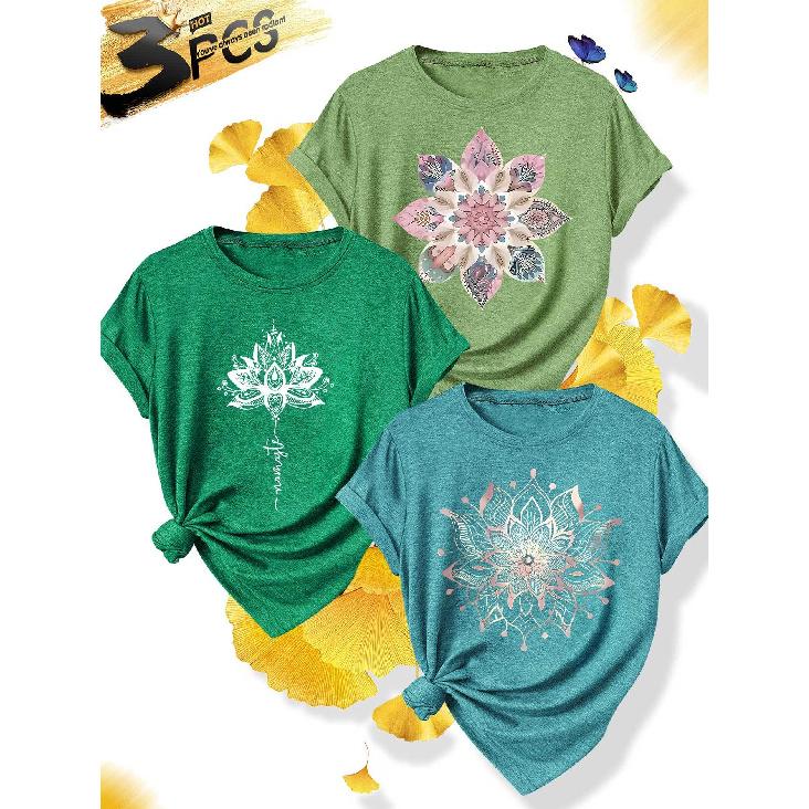 New Summer Collection: Simple and Elegant for Women 3 Individual party costumes Mandala Lotus Print Round Neck Daily Casual Fashion Retro 1XL