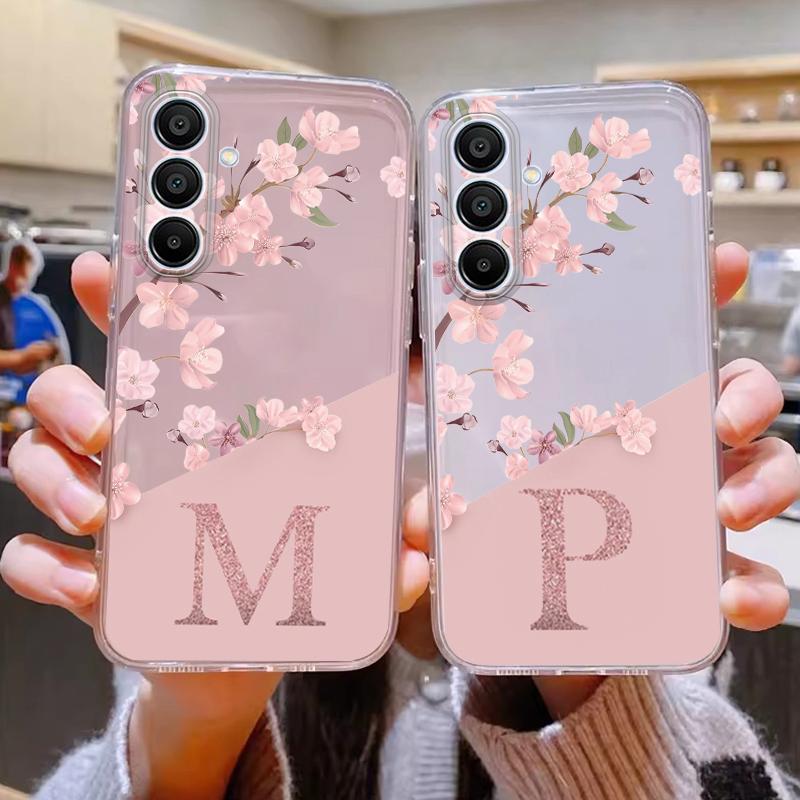 For Samsung Galaxy M35 A06 A07 A17 A16 A56 A55 M55 5G Letter Pink Flowers Fashion Phone Cover Soft Silicone Fundas Transparent