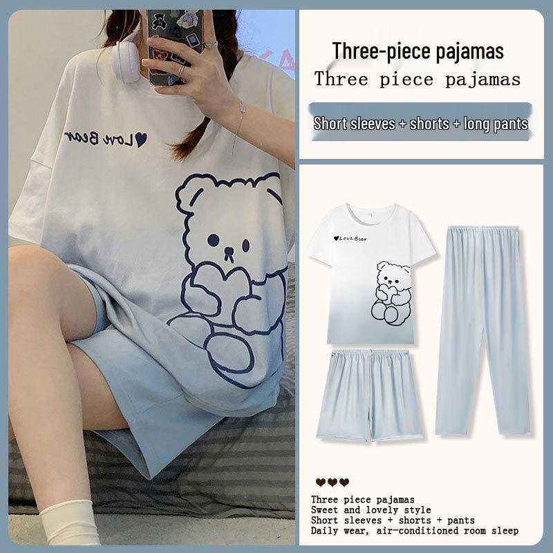 Women's Loose Summer Cartoon Pajama Set: Cute Short Sleeve Top & Long Pants for Spring/Autumn