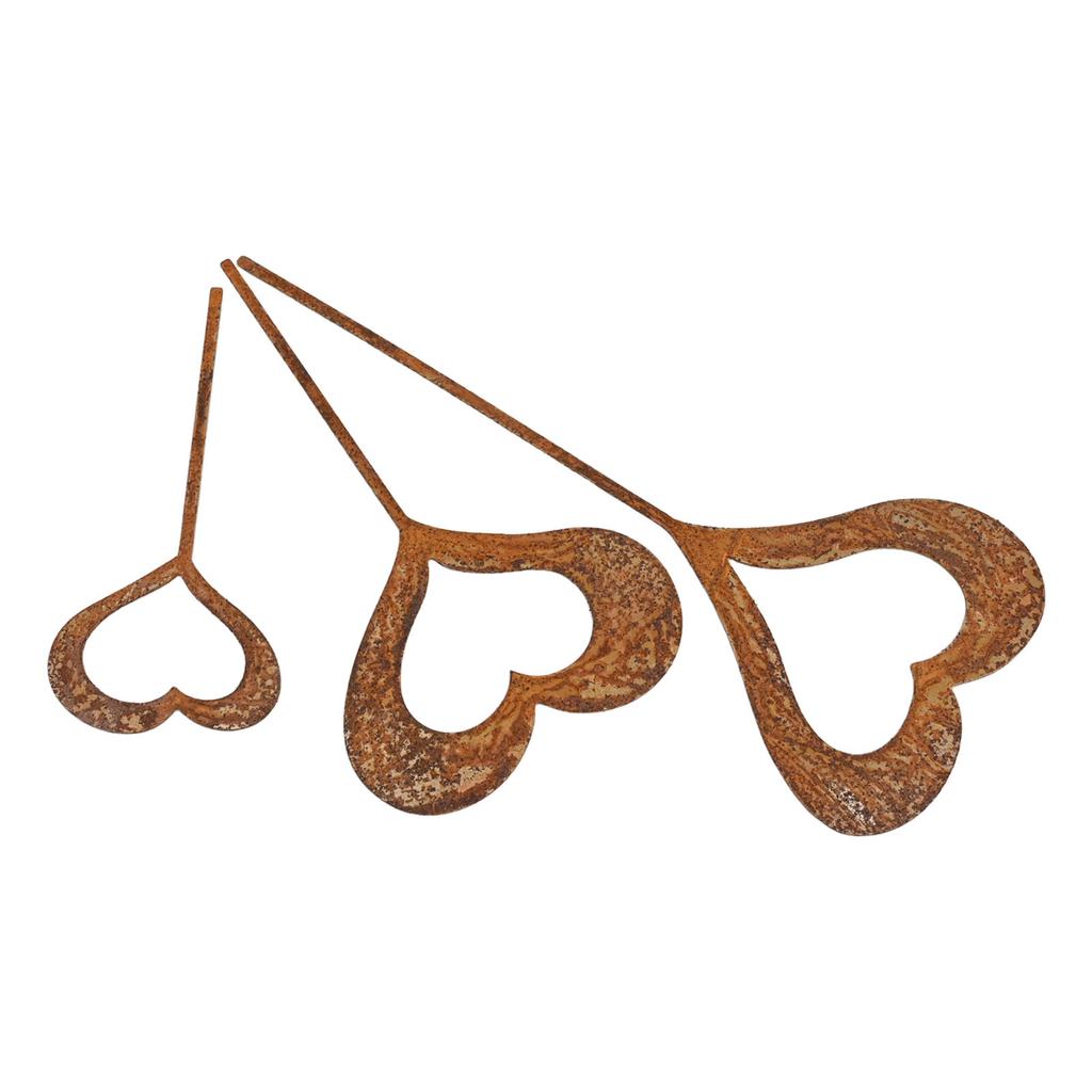3PCS Iron Rusty Heart Shaped Garden Statue Pile Set for Outdoor Flower Pot Decoration Suitable for Balcony and Garden Spaces