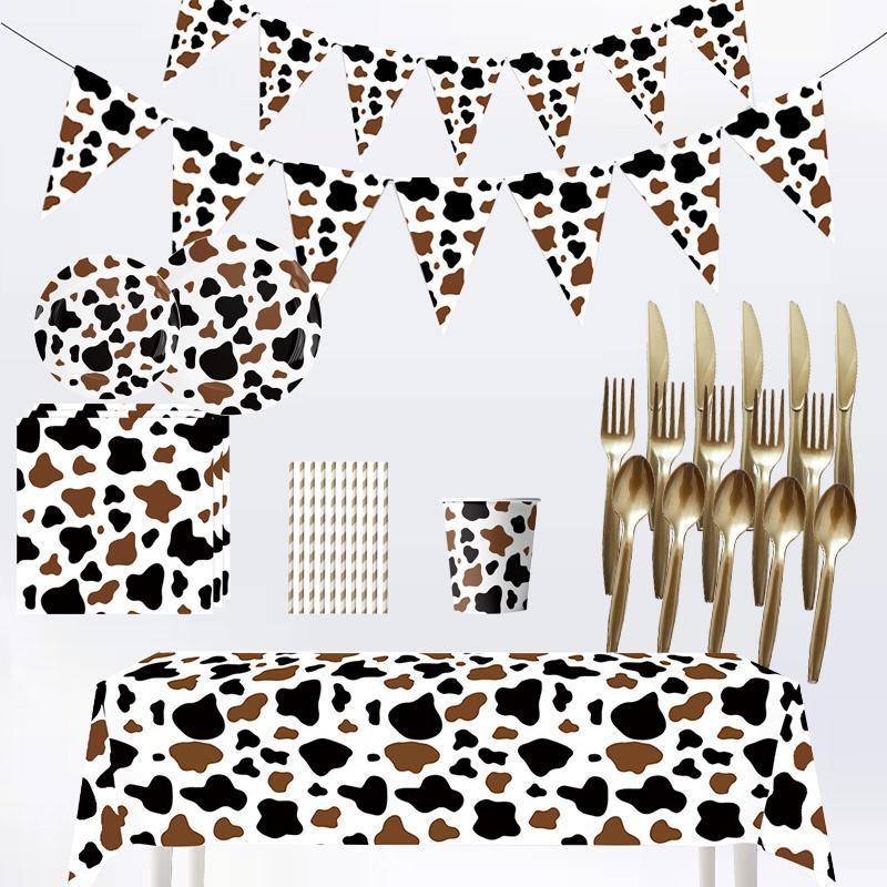 High-quality Party Tableware Set Black Brown Cow Print Paper Plates Cups And Utensils