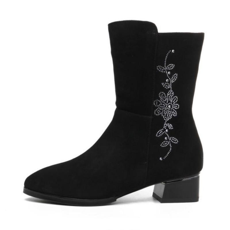 Fashion Middle Heel Fleece-Lined Half High Boots for Women Winter Rhinestone Mid Calf Shoes Woman 2025 Novelty Y2k Cosplay New Rock Boot