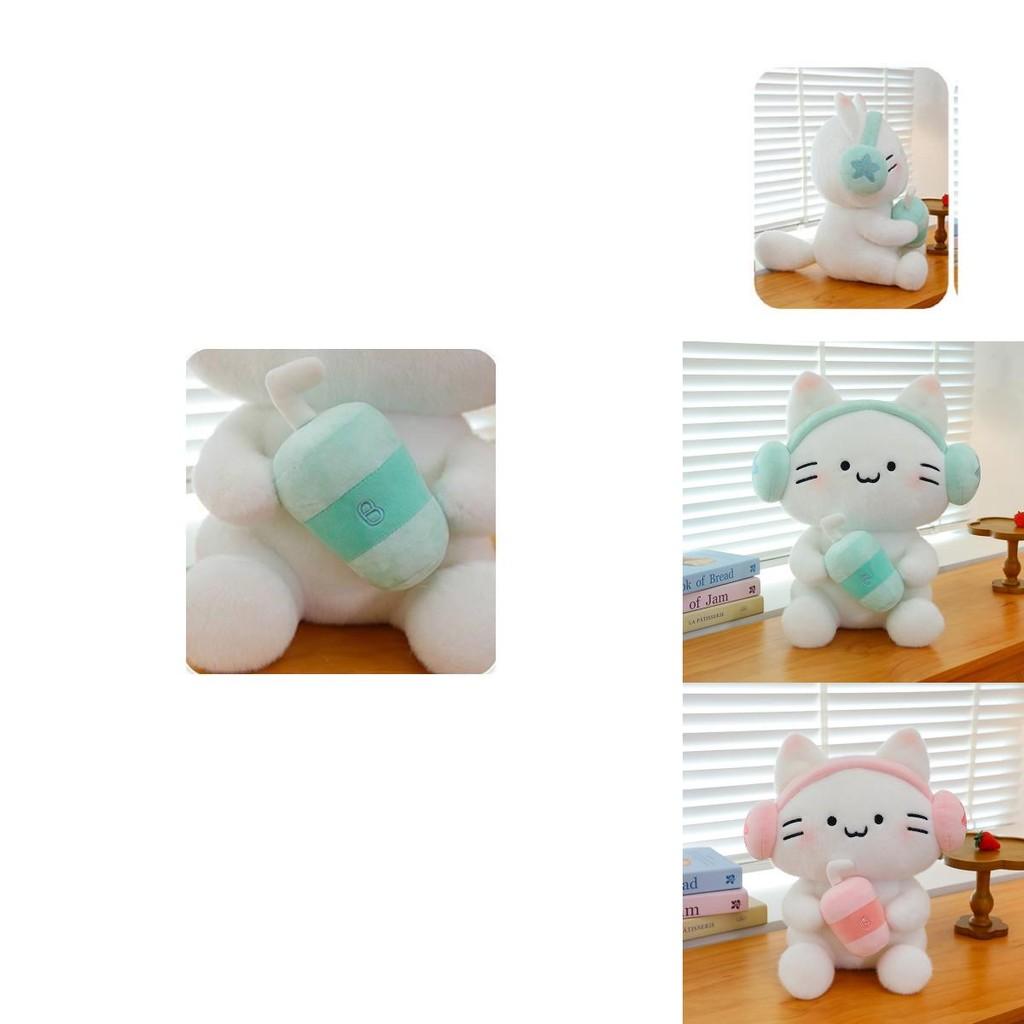 Adorable Cat Earphone Plush Toy Pillow For Kids Gift Soft Stuffed Doll In Pink And Blue Colors