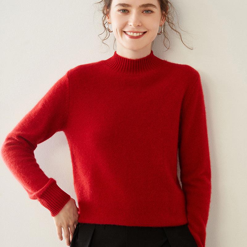 Women's Cashmere Half-High Collar Solid Color Pullover Sweater for Autumn/Winter - Loose, Thickened, Knit Base Layer