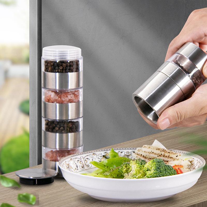 Multi-layer Salt And Pepper Grinder 5 In 1 Manual Stainless Steel Salt Pepper Mills Adjustable Grinding Spice Mill Kitchen Tool