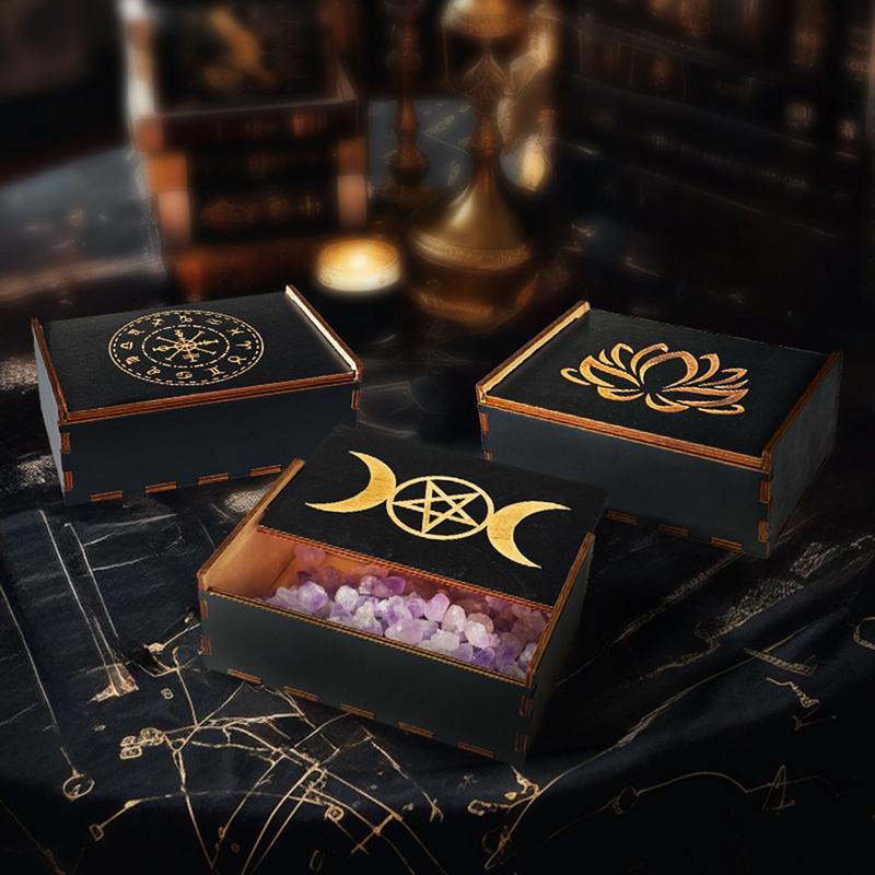 Tarot Cards Storage Box Wooden Lotus Printed Storage Box Crystals Jewelry Astrology Dice Playing Card Gift Storage Organizer Box