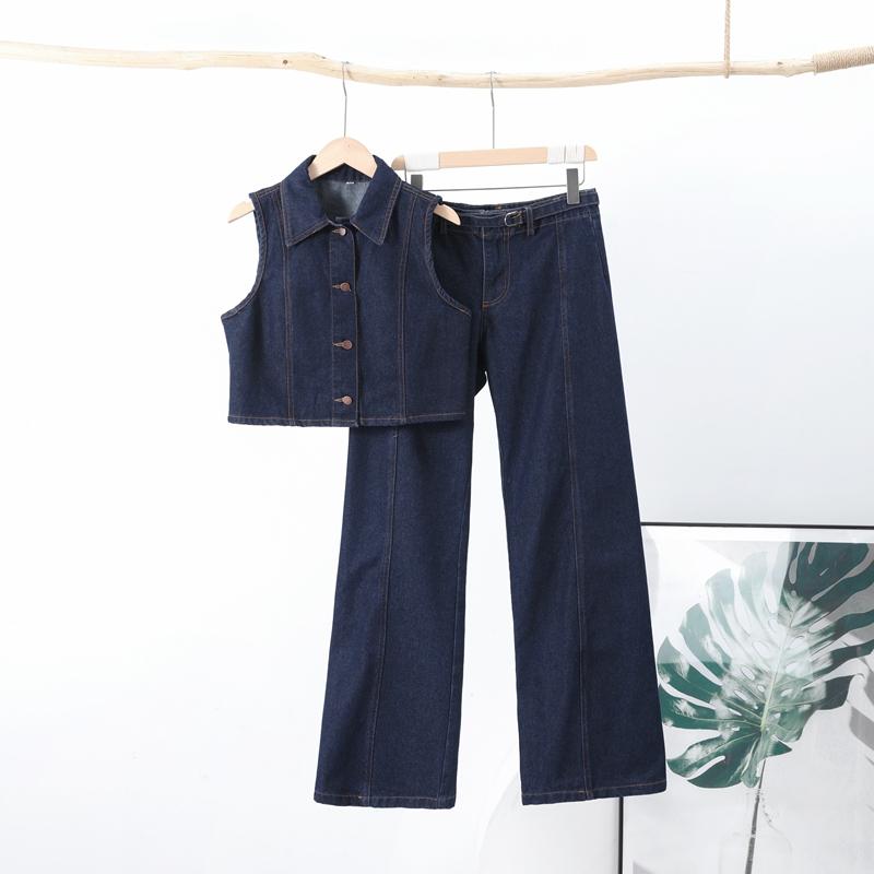 Damskie Zestawy Jeansowe Marynarka Jeansowa Jednorzędowa Topy Spodnie Szerokie Nogawki Wysoki Stan Moda Y2K High Street Zestaw
