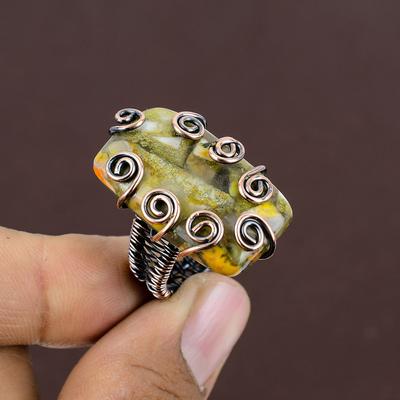 Anillo de Latón Hecho a Mano con Alambre de Cobre y Piedra Natural Jasper Abeja Tamaño 9 I7Z86