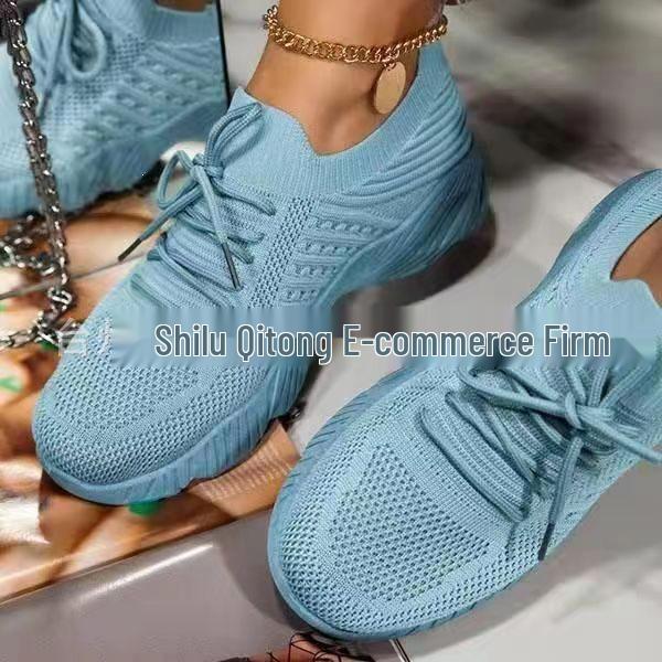 2022 Plus Size Women s Flyknit Lace-up Mesh Sneakers with Thick Sole, Breathable Casual Low Heel 42 светло-синий
