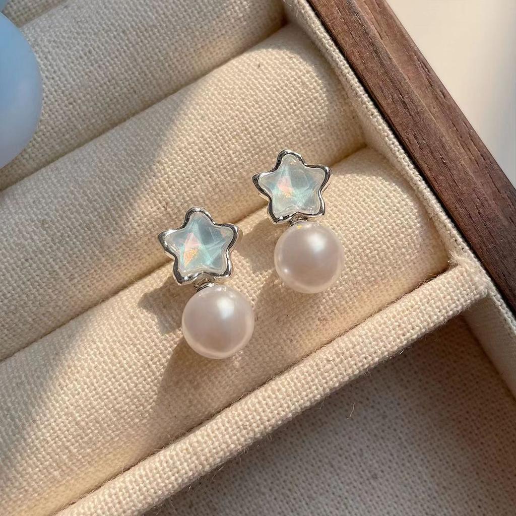Blue star pearl stud earrings women's simple exquisite small design earrings ins versatile high-end earrings