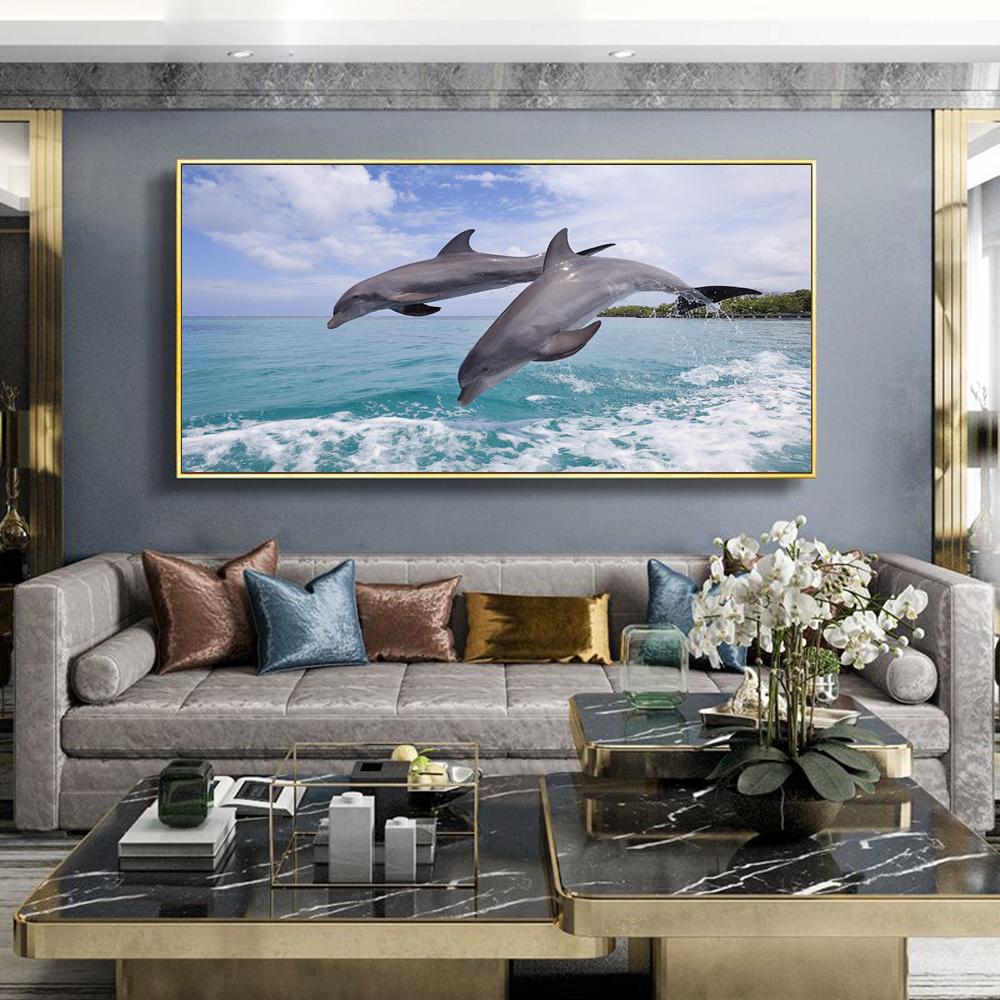 Tierölmalerei Ozean Delfin springend Landschaft Kunst Leinwandmalerei Gemälde als Geschenk Wohnzimmer Flur Heimdekoration Wandbild Ohne Rahmen