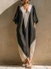 European and American summer new women's clothing medium-sleeved V-neck contrasting color loose women's long dress