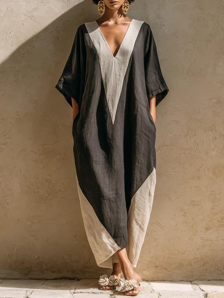European and American summer new women's clothing medium-sleeved V-neck contrasting color loose women's long dress