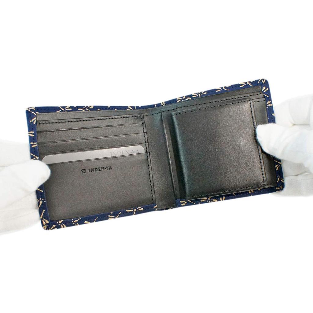 Inden Bifold Bill Compartment Box Type Coin Navy Blue X White Dragonfly Pattern [Indenya] Wallet, S, Purse, Deerskin, Lacquer, 2008-14-008