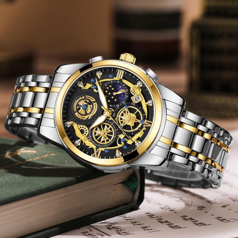ABORNI New Casual Sport Chronograph Men's Watches Stainless Steel Band Wristwatch Luminous Pointers Fashion Quartz Clock