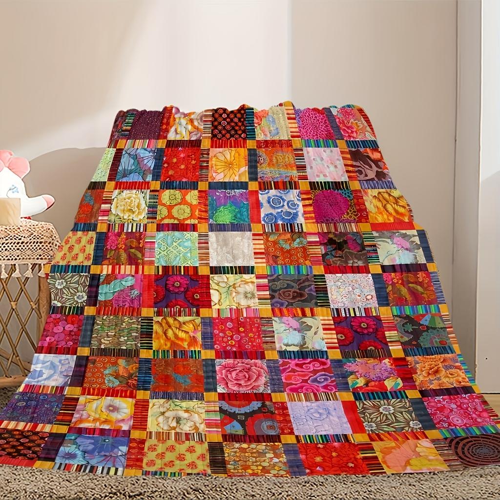 Coperta Plaid Trapuntata Patchwork Vintage in Flanella Pile Morbida Accogliente per Tutte le Stagioni Multiuso Ufficio Esterno Viaggio