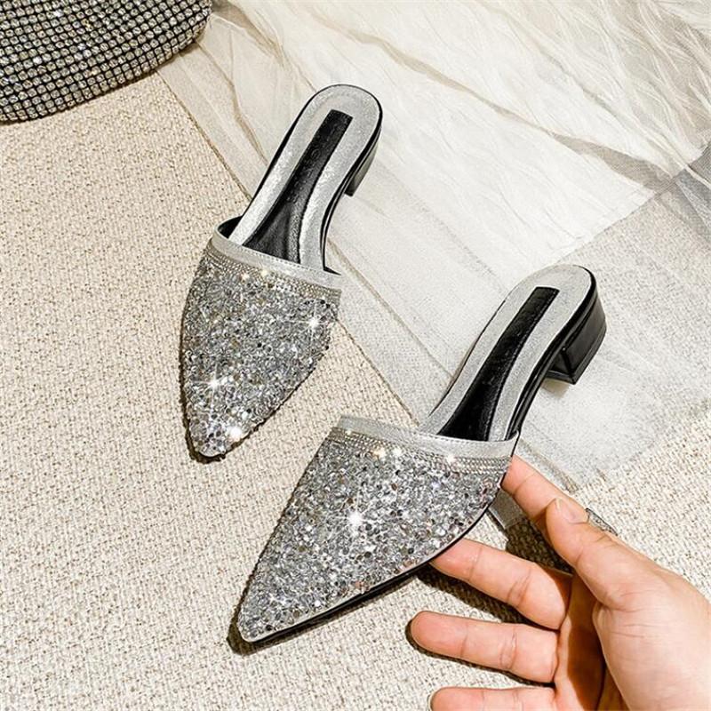 Women Slippers Fashion Rhinestone Sequins Slip On Square Heel Pumps Lady Classic Black Beige High Quality Comfort Summer Shoes